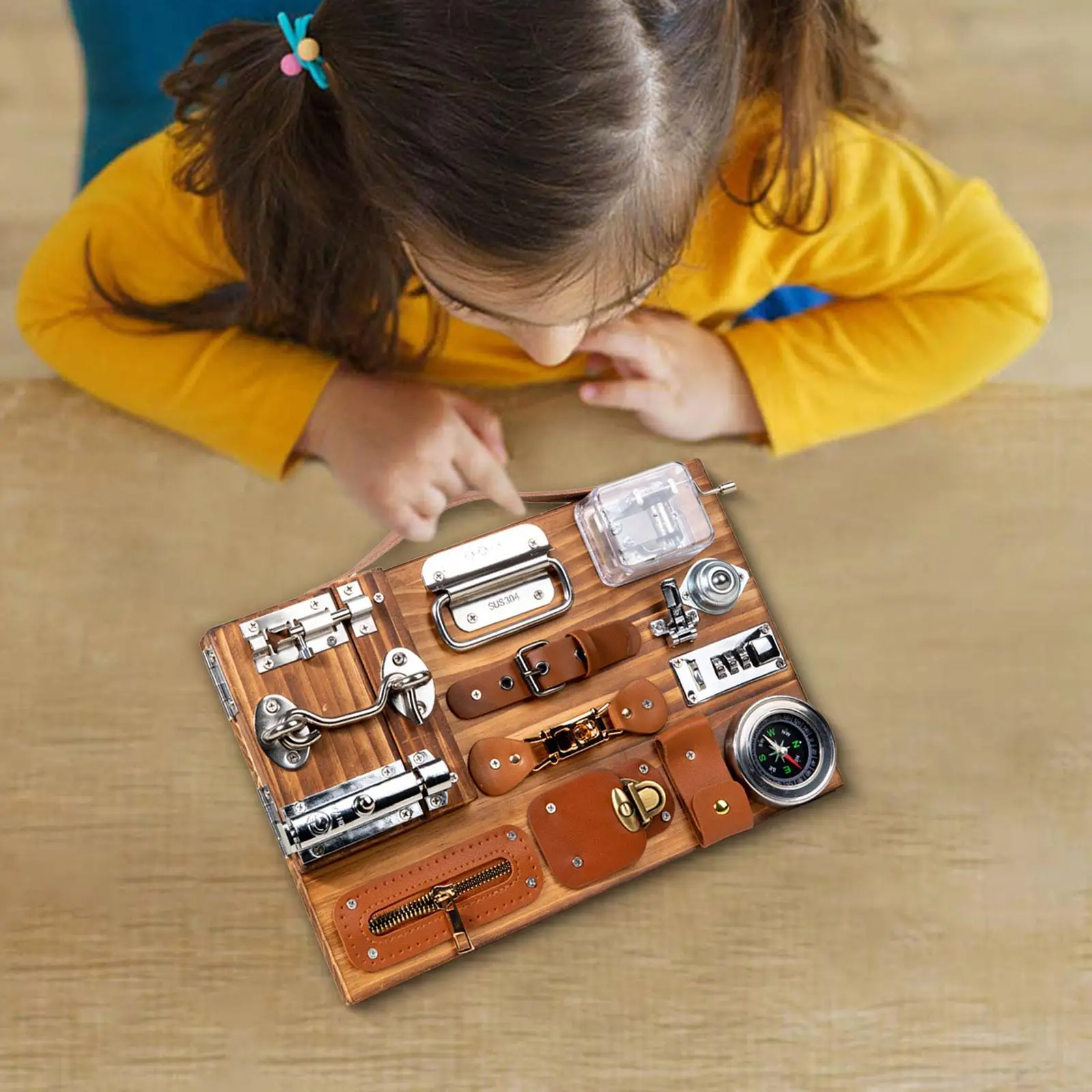 

Kids Wood Busy Board with Zip Belt Buckle latches Basic Life Skills Preschool Learning Educational Toys for Age 3 4 5 6 Years