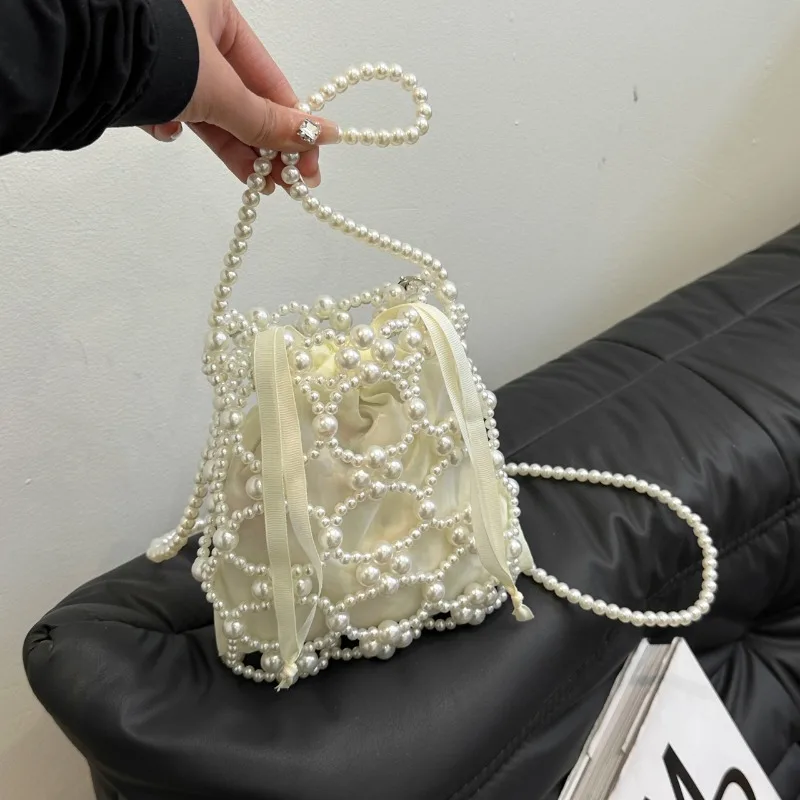 White Beading Bucket Shoulder and Crossbody Bags Exquisite Sense of Luxury Fresh Party Handbags for Women 2024 Fashion on Sale