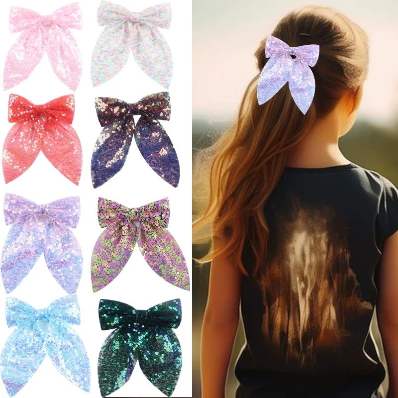 

Bulk 24pc/lot Large 5.5" Glitter Sequin Bow Hair Clips Baby Girls Hair Accessories Kids Long Tassel Bowknot Hairpins Barrettes