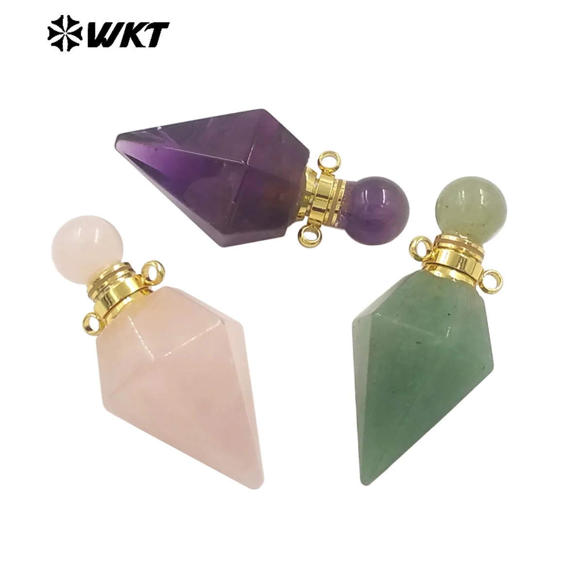 

WT-P1983 Wholesale Fashion 18K Gold Plated Stainless Steel Double Loops Bullet Point Natural Quartz Perfume Bottle Pendant