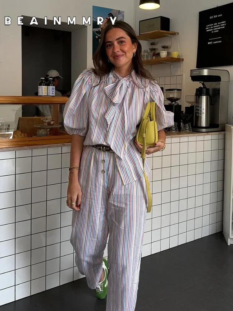 Elegante listra vertical solta calças retas conjunto para mulheres chique arco rendas até puff meia manga camisas terno 2025 senhora roupa casual