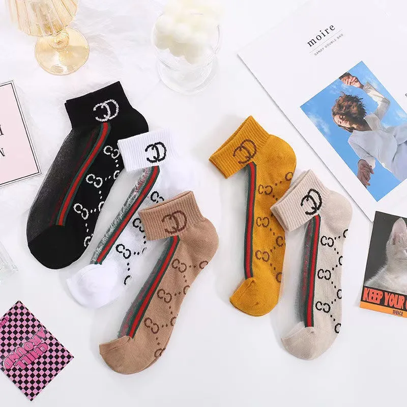 5 Pairs Of Womens Slass Filament Fiber Spring And Summer Thin Transparent Leopard Socks Polyester Sock Sole