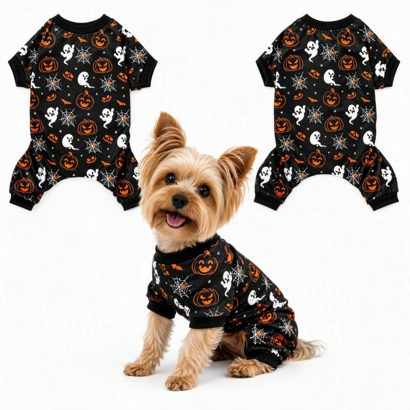 Lustiger Kürbis-Print Hund Halloween Pyjama Lässiges Warmes Haustier-Kostüm Party Welpenkleidung – Detail 1