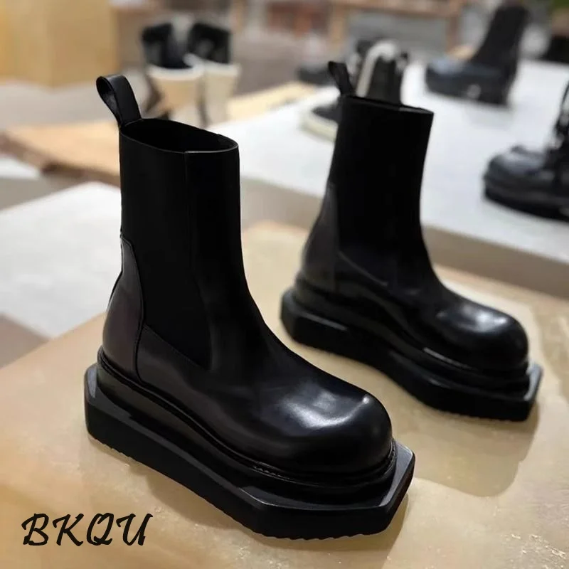 

BKQU Men's and Women's Chelsea Ankle Boots 2024 New British Thick Bottom Smoke Pipe Round Head Handsome Motorcycle Boots