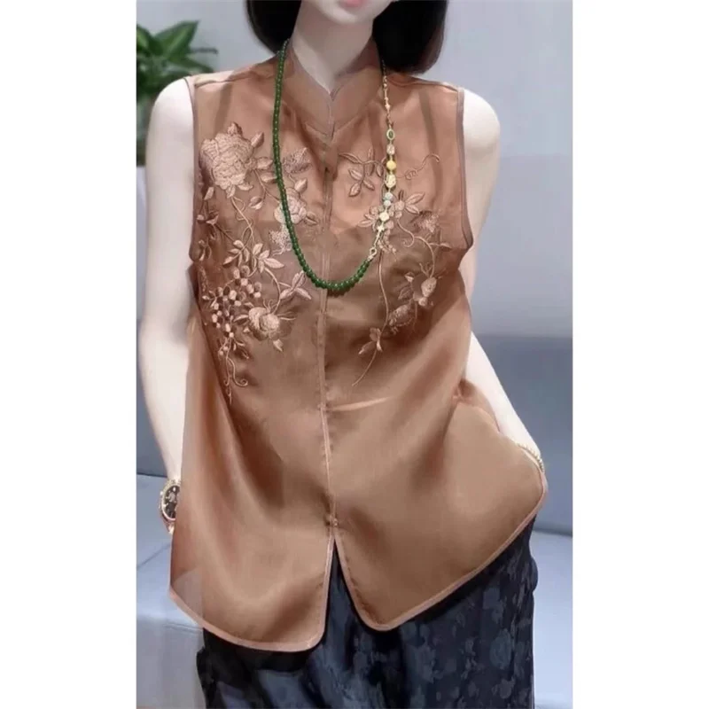 Chinese Vintage Thin Embroidery Vest Women Loose Sleeveless See Through Tank Summer Stand Collar Thin Waistcoat