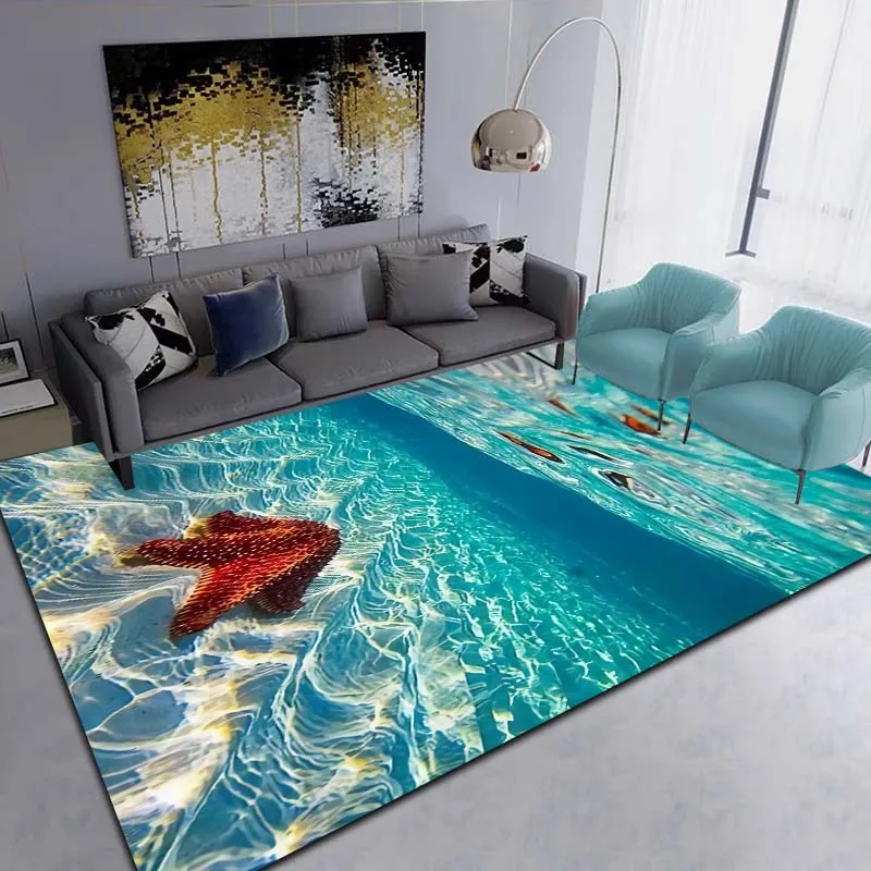 Sea Star Pebble Waves Shell scenery Print Flannel Area Rug Non‑Slip Soft Floor Mat For Kitchen Bathroom Entrance Indoor HomeGift