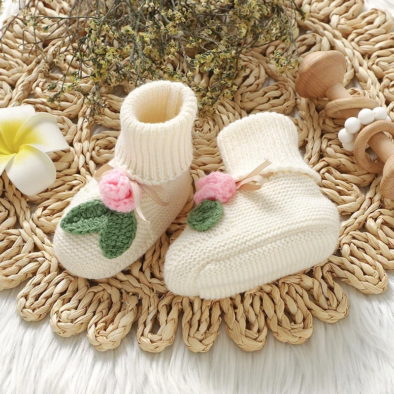 Baby Shoes Knit Toddler Slip-On Solid Bed Shoes Handmade 0-18M Footwear Newborn Girls Boots Fashion Floral Bow Warm Infant Socks