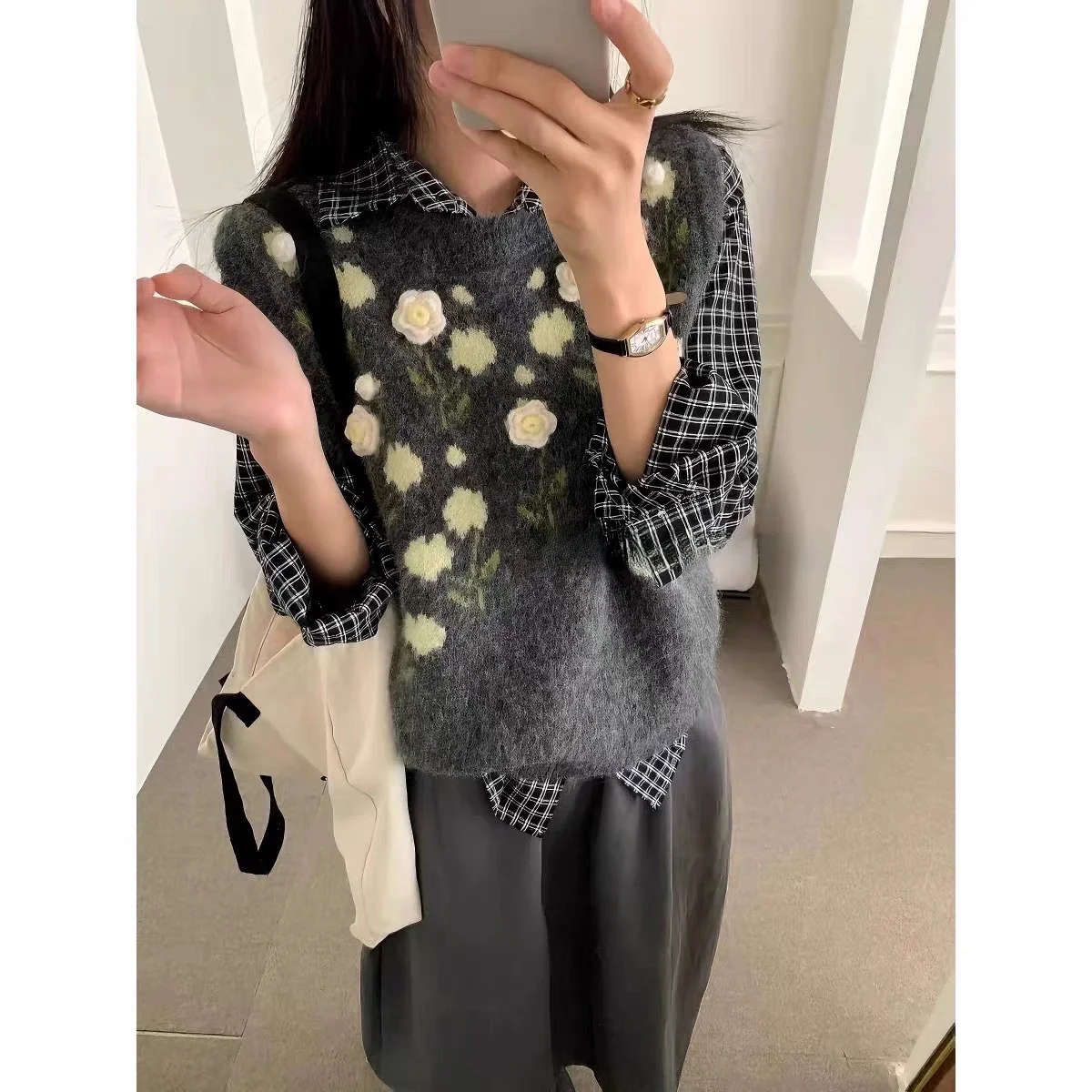 

Korean Sle Floral Knitted Vest Women's Layering Top Slimming oulder Pad Crop Top round Ne No Button Plant Pattern