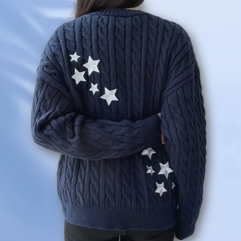 Winter Midnight Navy Blue Knitted Cardigans Women Spring Y2k Casual Star Embroidery Single Breasted XS-5XL Sweaters Dropshiping