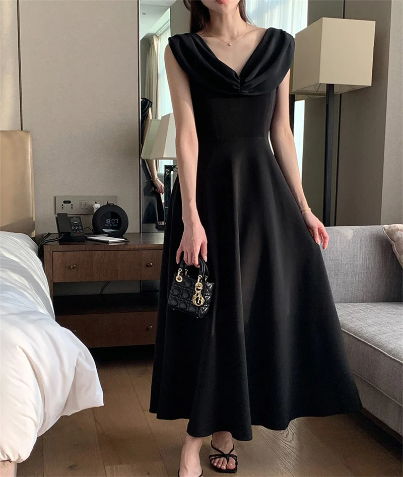 French Delicate Chiffon Dress Women Elegant V-Neck White Dress Summer Light Simple Solid Colour Party Dress Korean Black Dress