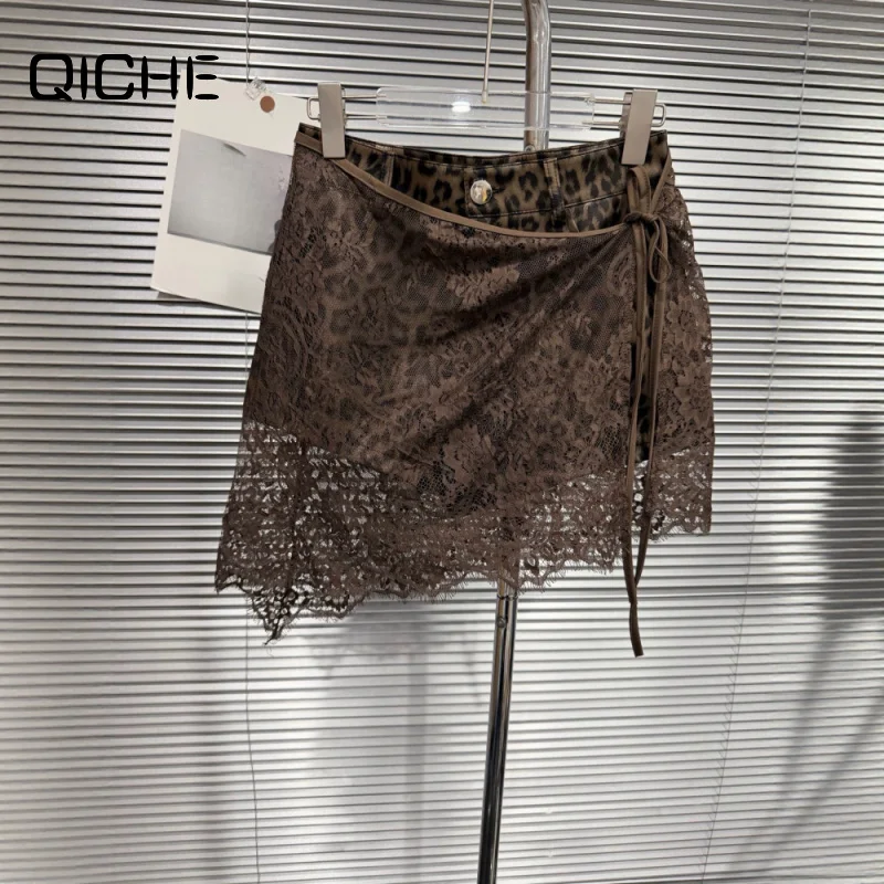 QICHE 2026 Autumn New Women Vintage One‑Piece Lace Leather Curtain Leopard Mini Skirt Two Piece Outfit