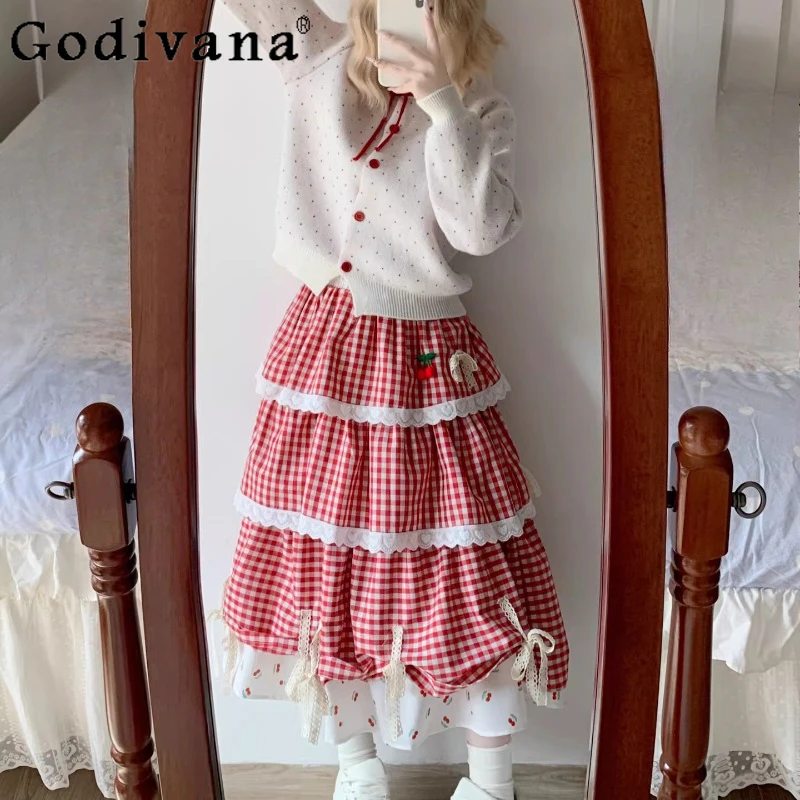 

Autumn Winter New Red Plaid Medium Long Lace A-line Cake Skirt Sweet Women Fashion Versatile Age-reducing Cute Fairy Skirts