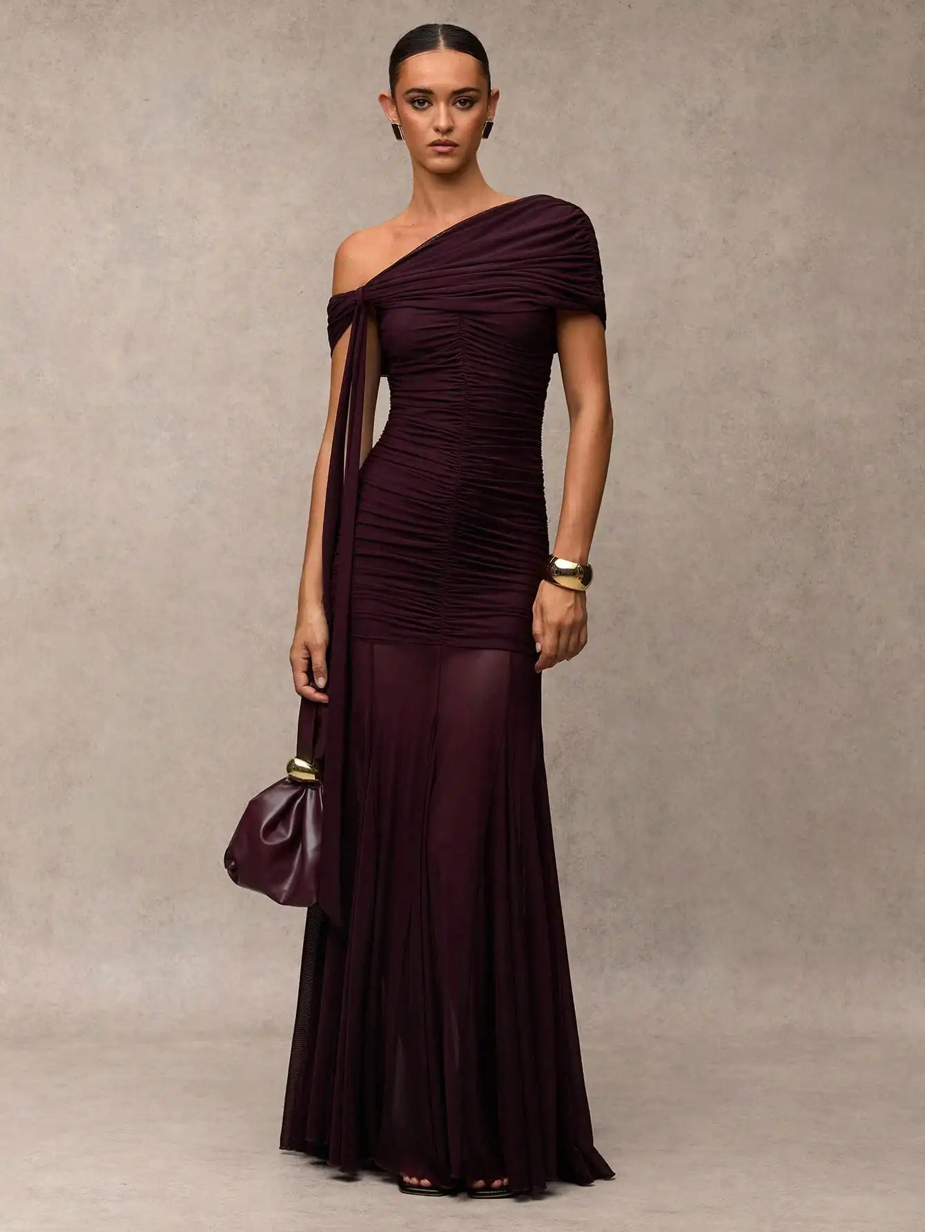 

Burgundy One-Shoulder Ruched Gown with Flowing A-Line Skirt