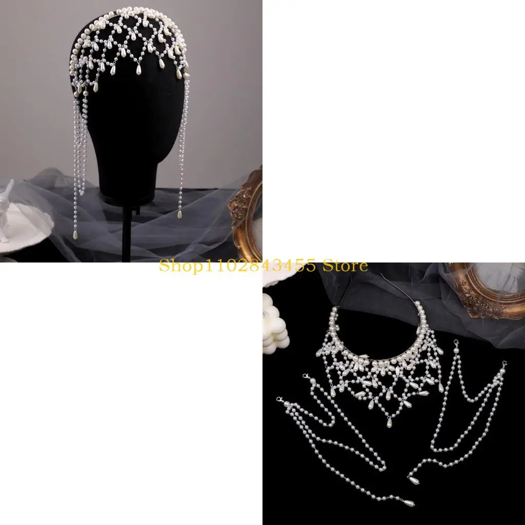 

49MC Elegant Pearls Chain Hair Jewelry Bride Headpieces for Wedding Jewelry