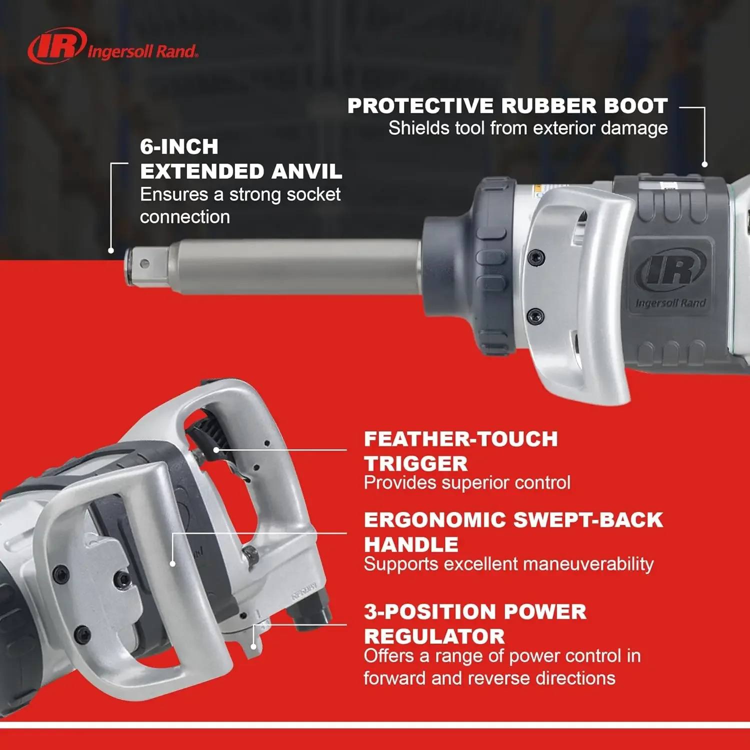 Ingersoll Rand 285B-6 1 Pneumatic Impact Wrench - Heavy Duty Torque Output, 6 Inch Extended Anvil, 1 Inch, 2 Handles, High