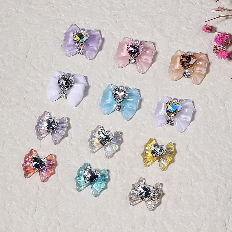 10Pcs Sailor Moon Crystal Glass Shiny Nail Parts 3D Kawaii Heart Diamond Resin Bow DIY Japanese Cartoon Butterfly Bow Manicure