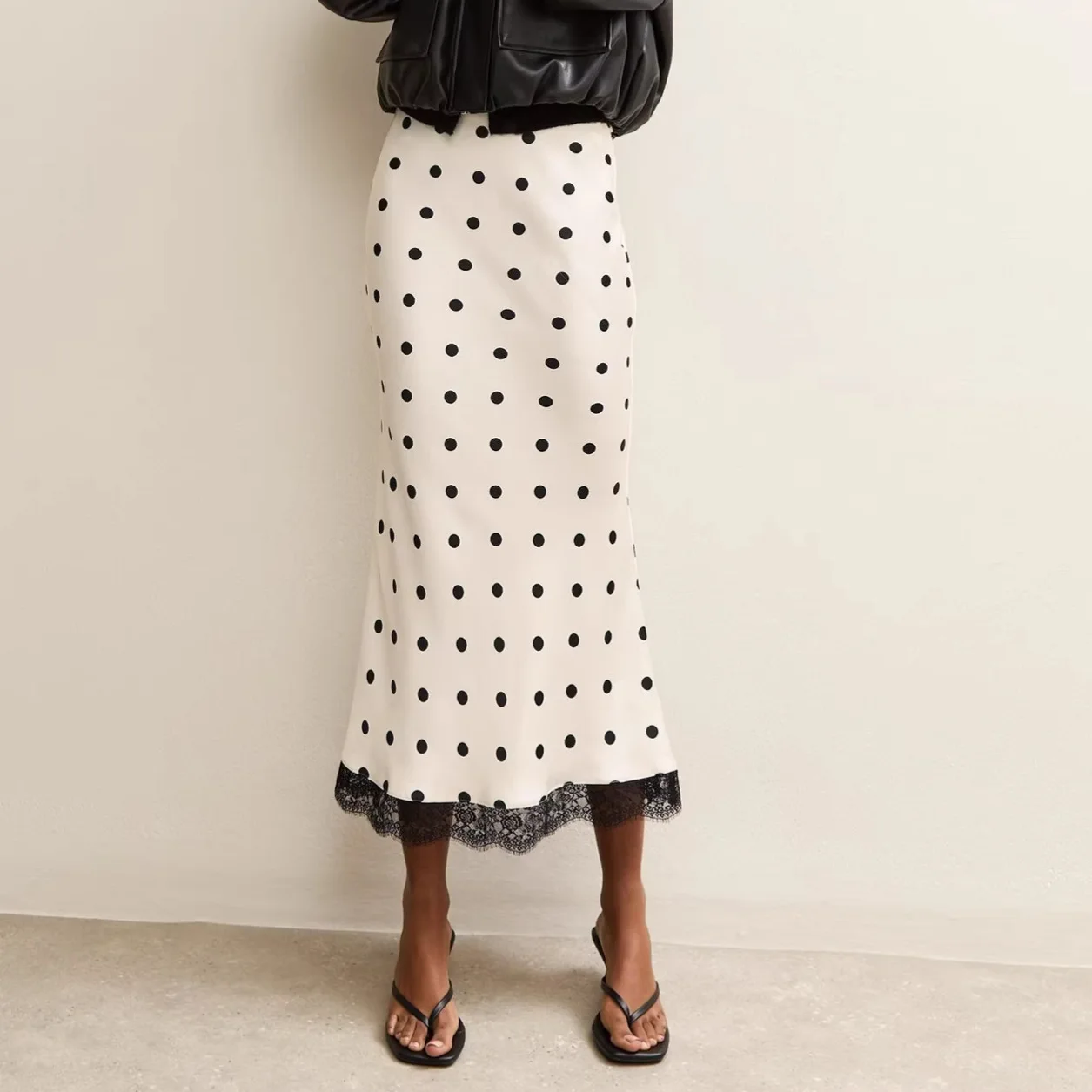 Women Polka Dot Satin Skirt Classic Elegant Slim Fit Patchwork Lace Mid Waist Long Skirts Beach Vacation Party Club Streetwear