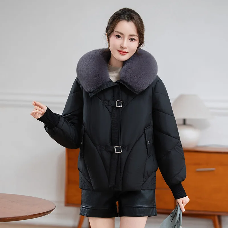 Women Oversize Parkas Coat Solid Short Jacket Middle Age Big Fur Collar Long Sleeve Zipper Straight Fit Thick Casual 2025 Winter