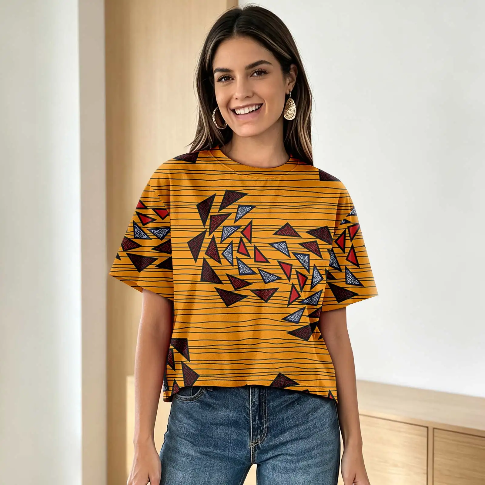 Africa Ankara Printed Half-Sleeve Top for Women Round Neck Dashiki Summer Casual Loose Boho Festival Simple Style Shirt 2622008