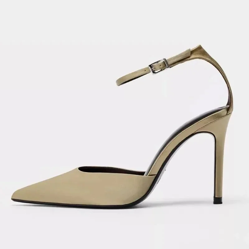 Элегантные атласные туфли на высоком каблуке для женщин, модные дизайнерские офисные туфли с ремешком на щиколотке, сексуальные роскошные босоножки на каблуке с острым носком, Zapatos Mujer