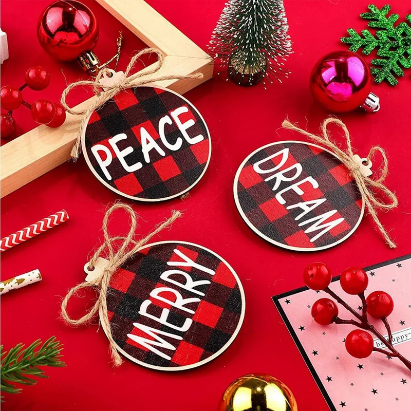 18 Pieces Christmas Wooden Hanging Ornaments Buffalo Plaid Printed Decorations Xmas Wishes Crafts Wooden Tags 6 Styles