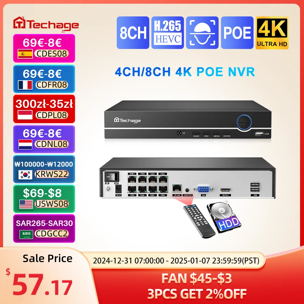 

Techage H.265 4K 8CH PoE NVR 2MP 3MP 5MP Network Hard Disk Video Recorder Home Security CCTV Surveillance DVR For PoE IP Camera