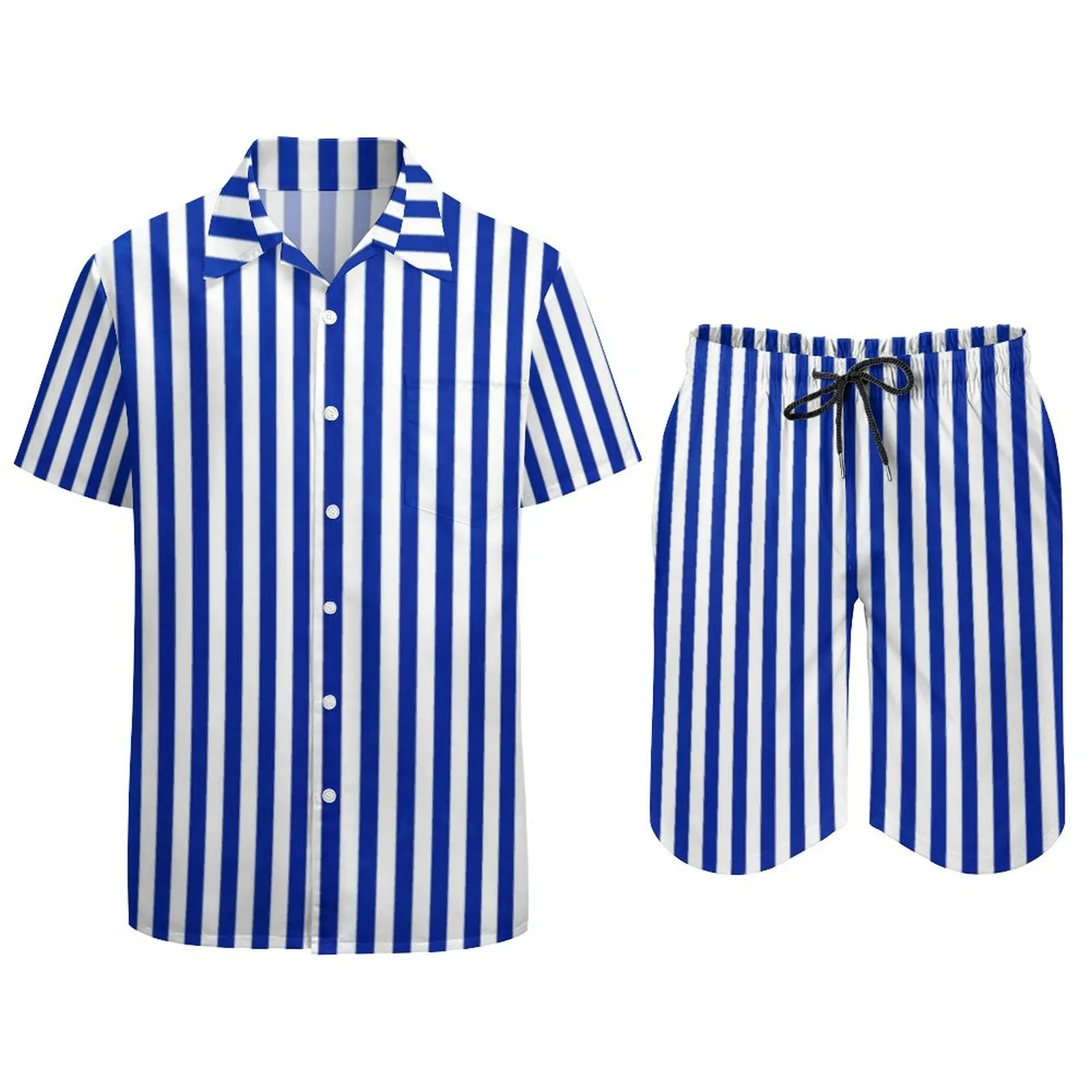 Nautical Blue And White Men Sets Vertical Stripes Casual Shorts Summer Vintage Beach Shirt Set Short Sleeve Design Oversize Suit