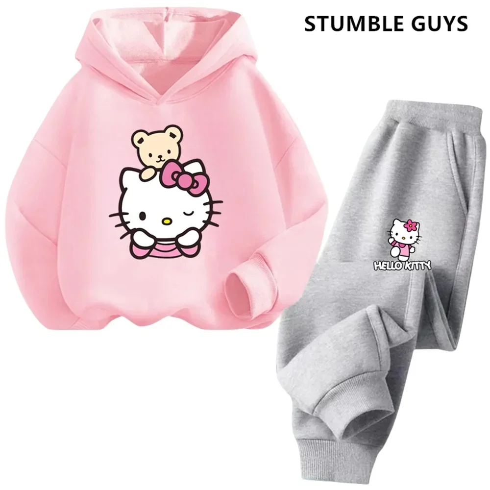 Hello Kitty Boys Girls Hoodie Trousers Set Children\'s Trucksuit Sweatshirt + Sweatpants Two-piece Fashion Set 3-14T Kids Suit