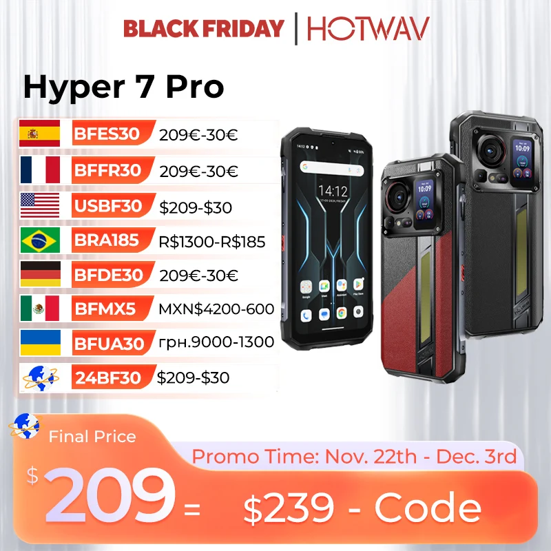 HOTWAV Hyper 7 Pro 5G هاتف ذكي متين الأبعاد 7050 200MP هاتف محمول 36(16+20)GB 256GB 6.6 بوصة FHD + 2.4K 10800mAh الهواتف المحمولة