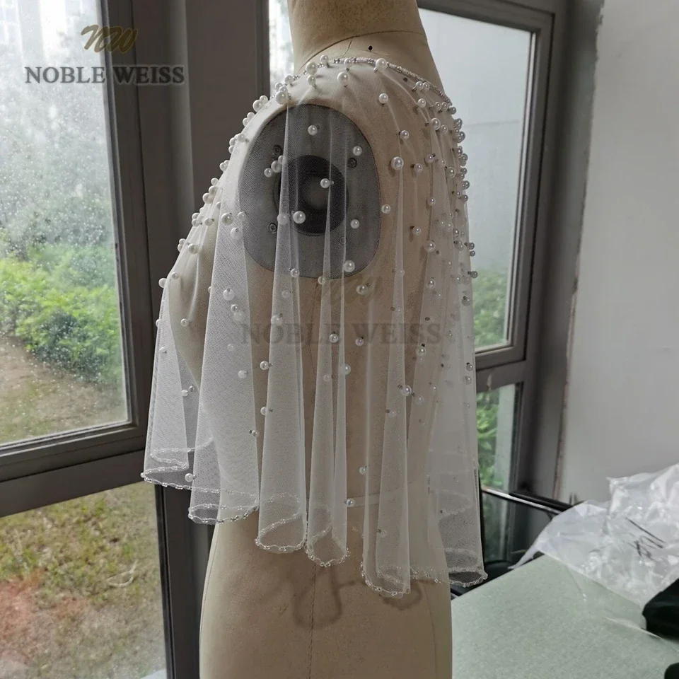 Envoltório nupcial Custom Made Bolero Jacket, Pérolas Tulle Xaile De Casamento, Casaco De Festa De Noiva, Cetim Bolero