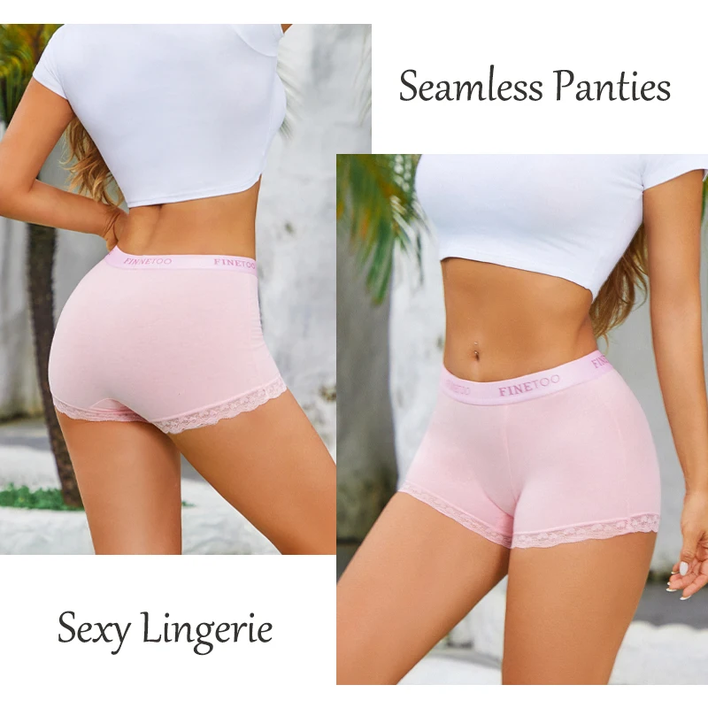 FINETOO 2 ks/sada dámských bezešvých bavlněných krajkových boxerek, jednobarevné, s písmenem, pohodlné sportovní kalhotky, měkké, prodyšné, chlapecké boxerky - náhled 2