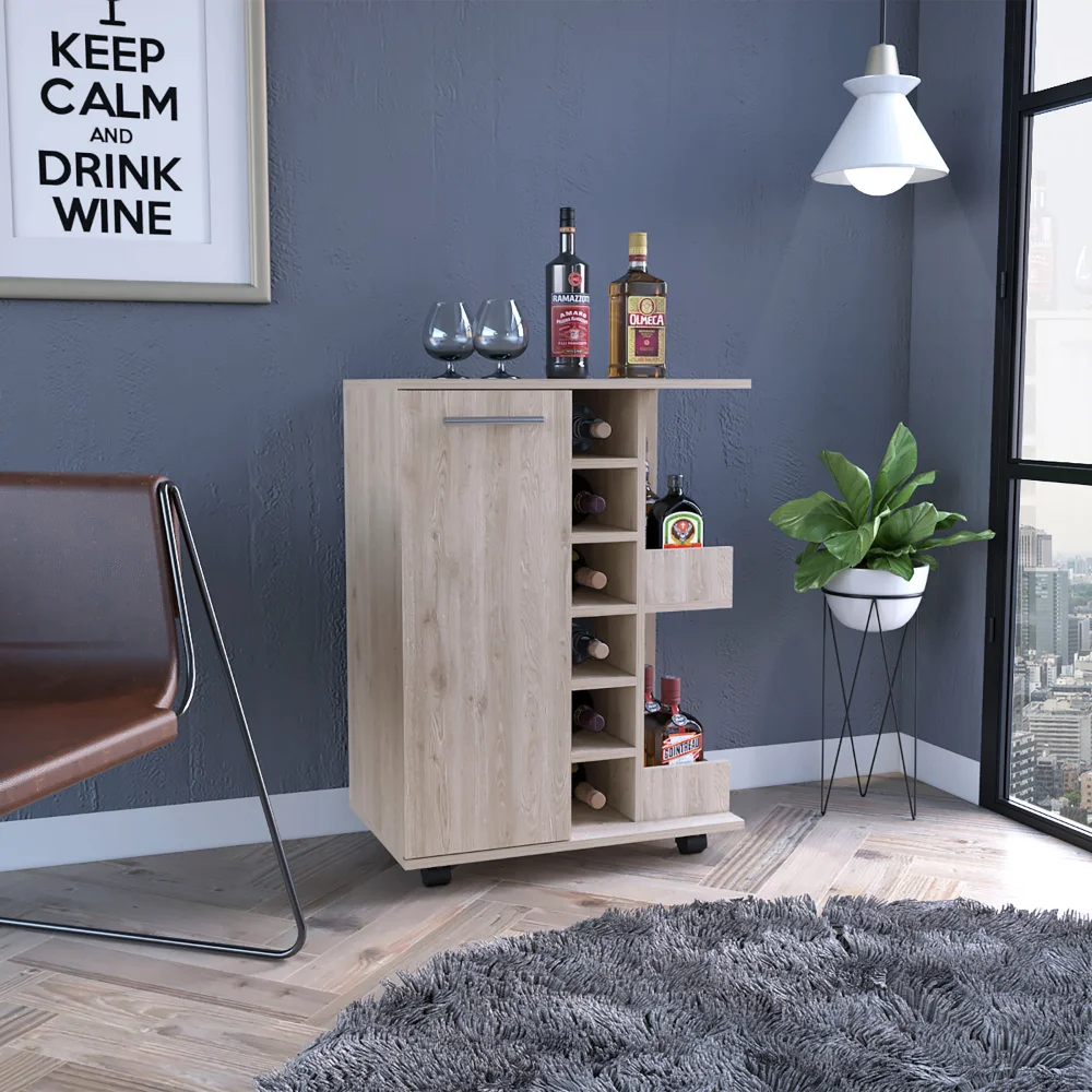 Kabinet Bar Oak 32 "dengan rak anggur, Meja Bar kopi dengan penyimpanan kabinet 4 roda cocok untuk rumah, Bar, Kafe