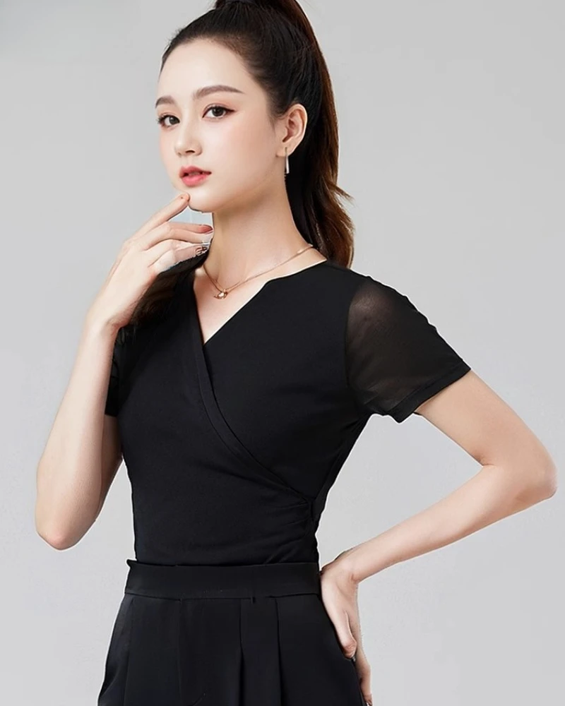 Tops de baile latino para mujer, vestidos de noche con cuello en V, camiseta de manga corta con volantes, Top de baile moderno, ropa de práctica de Samba, novedad de 2025