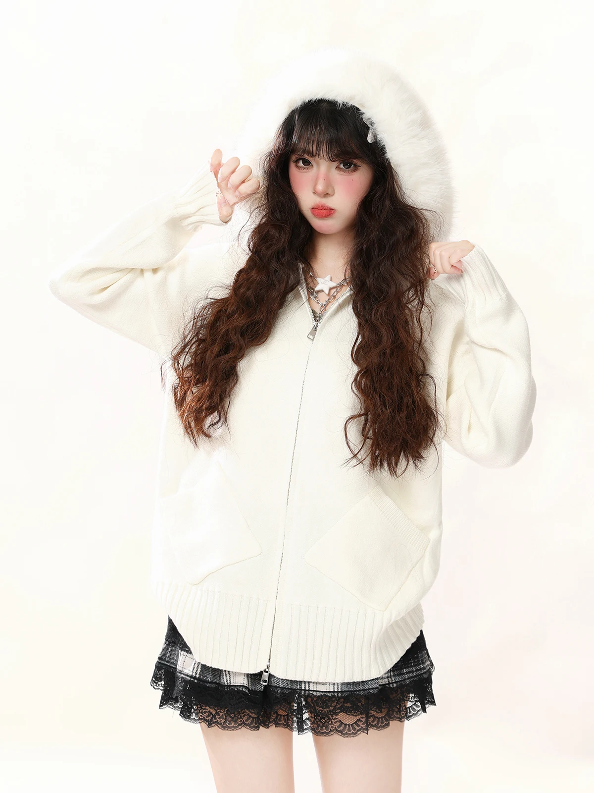 

Женская вязаная кофта ENJOG на молнии с большим меховым воротником, свободного кроя, повседневная, осенне-зимняя, модная, удобная, с длинными рукавами