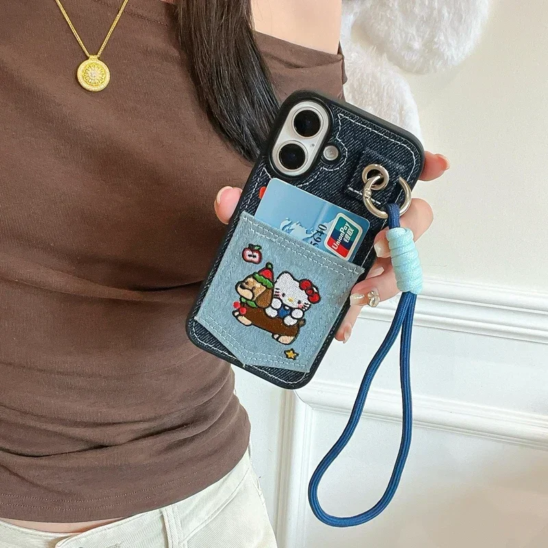 Cute Cartoon Sanrio Hello Kitty Cowboy Denim Fabric Embroidery Leather Phone Case For iPhone 16 Pro 15 14 13 Pro Max Hard Cover