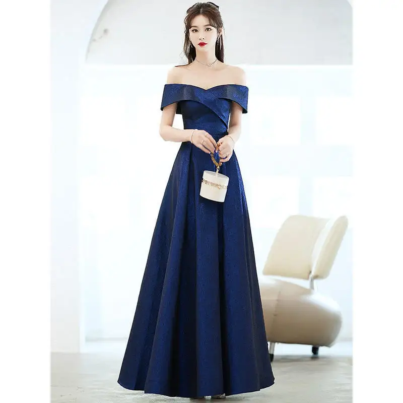 

Elegant Women Long Evening Dresses Satin Party Dress Formal Gown Pleated Off-Shoulder Vestido A-Line Zip Back