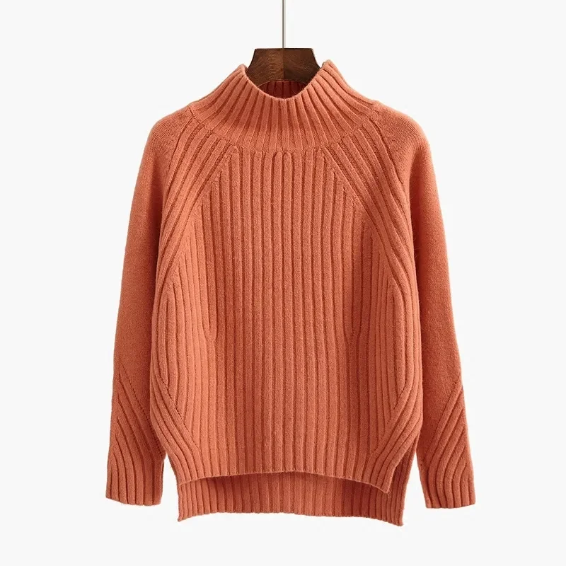 2024 Autumn Winter Women Solid Mock Neck Loose Pullover Sweaters Knit Split Stripe Jumpers For Women Casual Office Sweater