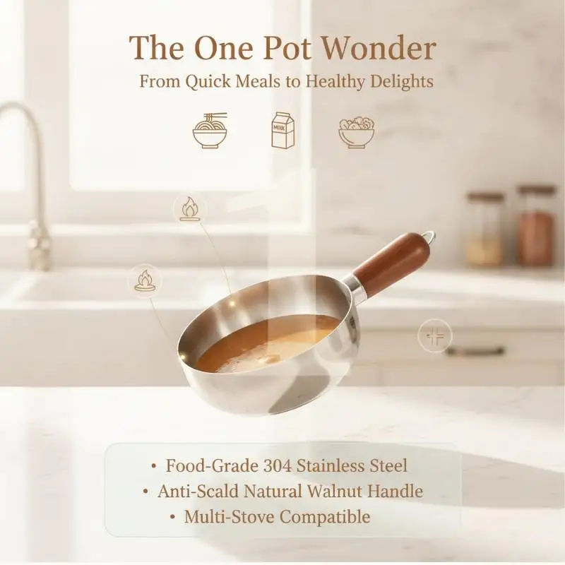 1Pcs Non-Slip Base Even Heat Distribution Milk Pot Stainless Steel Pot With Heat-Resistant Wooden Handle Induction Compatible