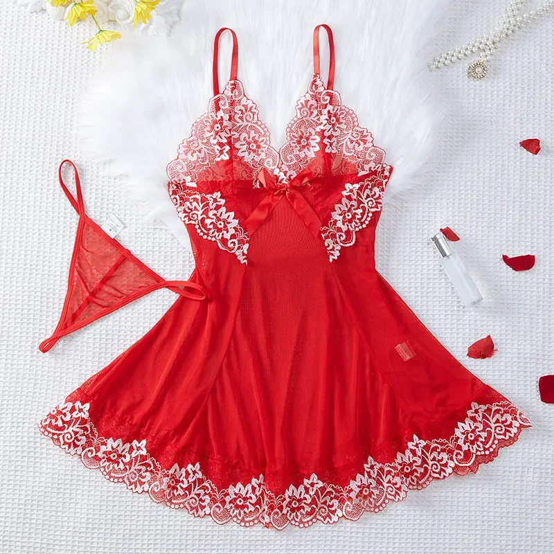 Transparent Dress Exotic Cotumes  New Erotic Pajamas Set Lace Sleepwear For Women Babydoll Sexy Lingerie Hot Nightdress Open Bra