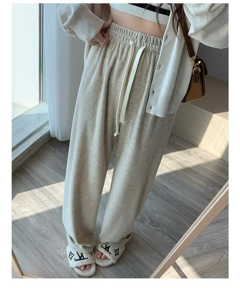 

Y2k New Autumn Gray Lace Up Pants Women Winter Plus Velvet Wide Leg Pants Women's High Waist Straight Warm Loose Black Trousers