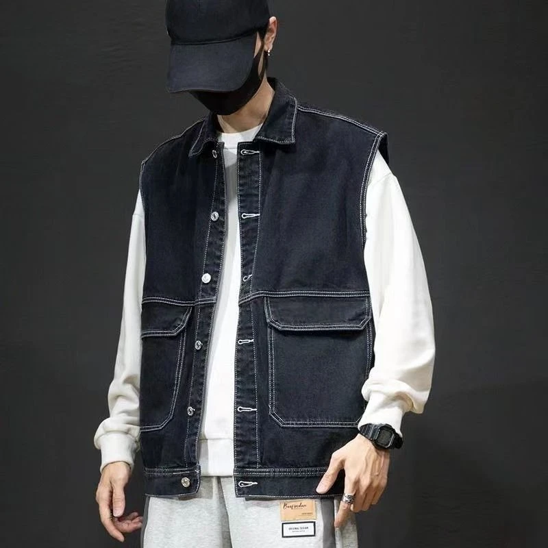 

Men's Autumn Workwear Vest Ins Style Oversized Denim Waistcoat Casual Streetwear Jacket for Men