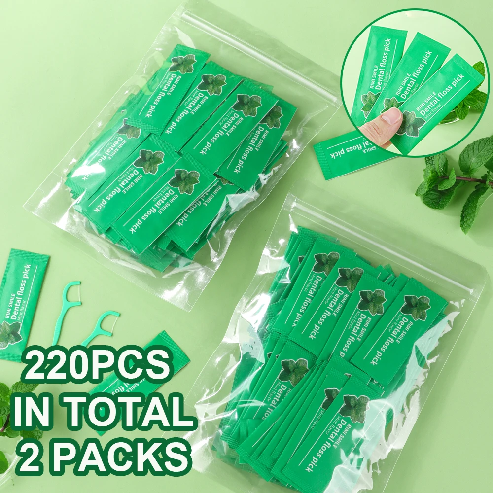 220PCS Individually Wrapped Mint Dental Floss Picks, Cool Fresh Breath Single Pack Floss Sticks, Portable Disposable Flossers