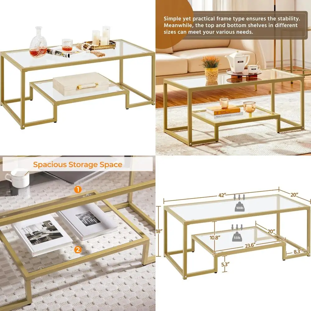 

Rectangular Glass Coffee Table, 42 Living Room 2-Tier Metal Frame Center Tea Table