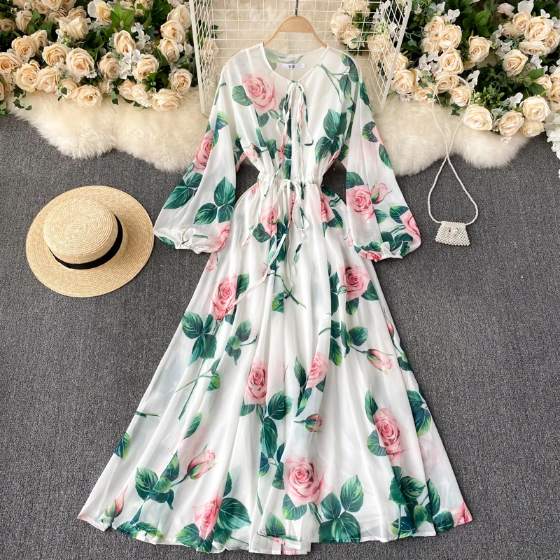 French Elegant Lantern Sleeves A-line Dress Spring and Autumn New Flower Print Slim Fit Temperament Long Dresses for Women