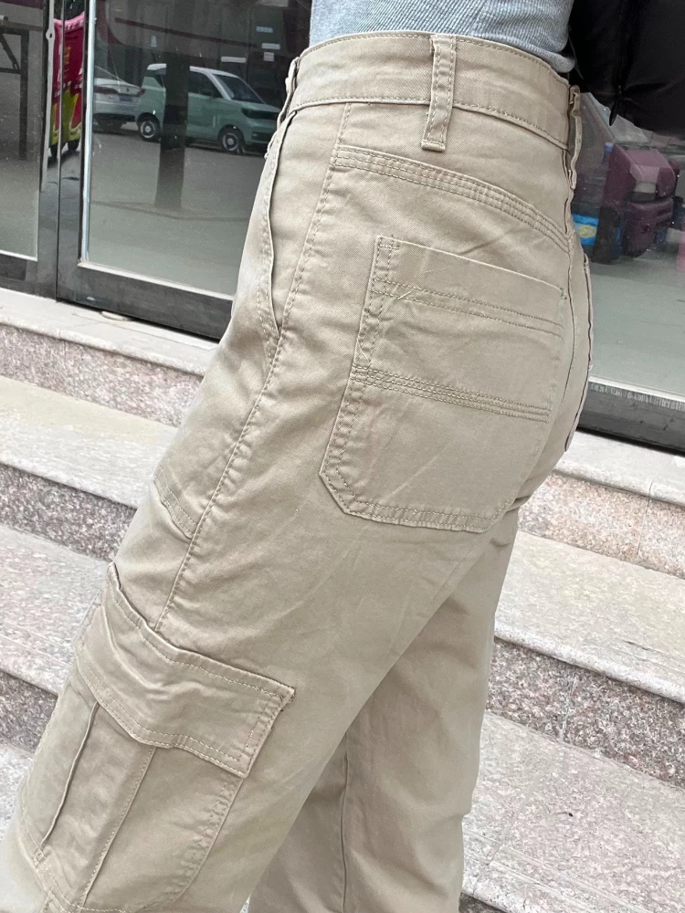 Jeans Women Cargo Solid Washed Korean Casual Style High Waist Straight Pockets Loose Fit Slim All-match Fashion Chic Streetwear
