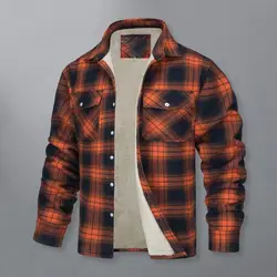 Men Winter Jacket Plush Lapel Men's Winter Jacket Stylish Plaid Print Loose Fit Cozy Pockets for A Casual Mid-length Coat Men
