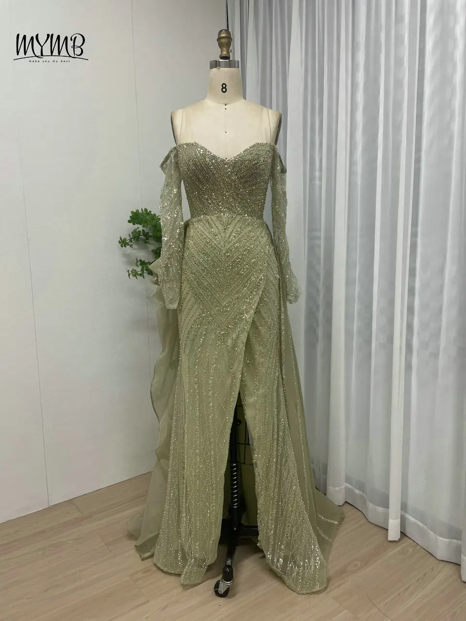 MYMB Light Green Arabic Off Shoulder Long Sleeves Crystal Wedding Party Dress Luxury Beaded Mermaid Slit Evening Gowns MB40144