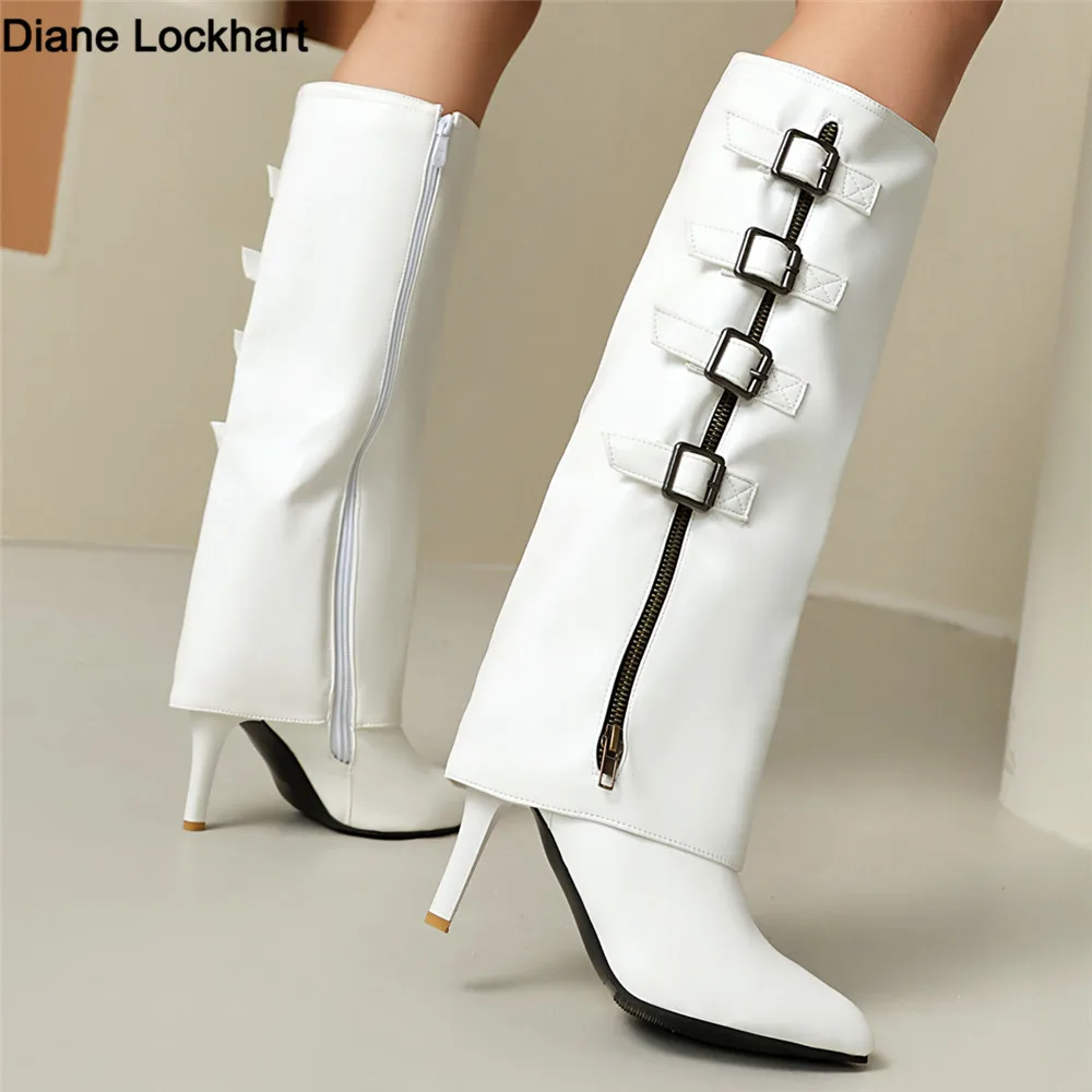 

2025 женские сапоги до колена с острым носком, пряжка ремня, женские сапоги на тонком высоком каблуке с застежкой-молнией, женские сапоги до бедра на шпильке, красный, белый, черный