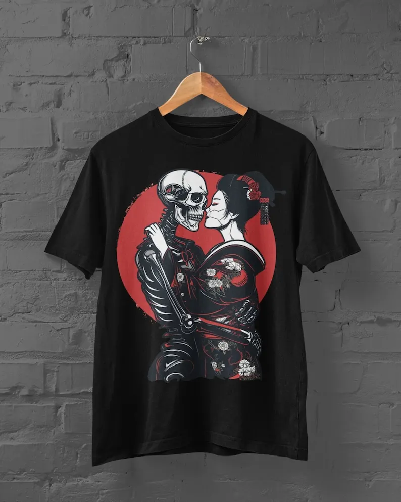 Geisha And Skeleton Kissing T-Shirt - Kanji Anime Love Streetwear