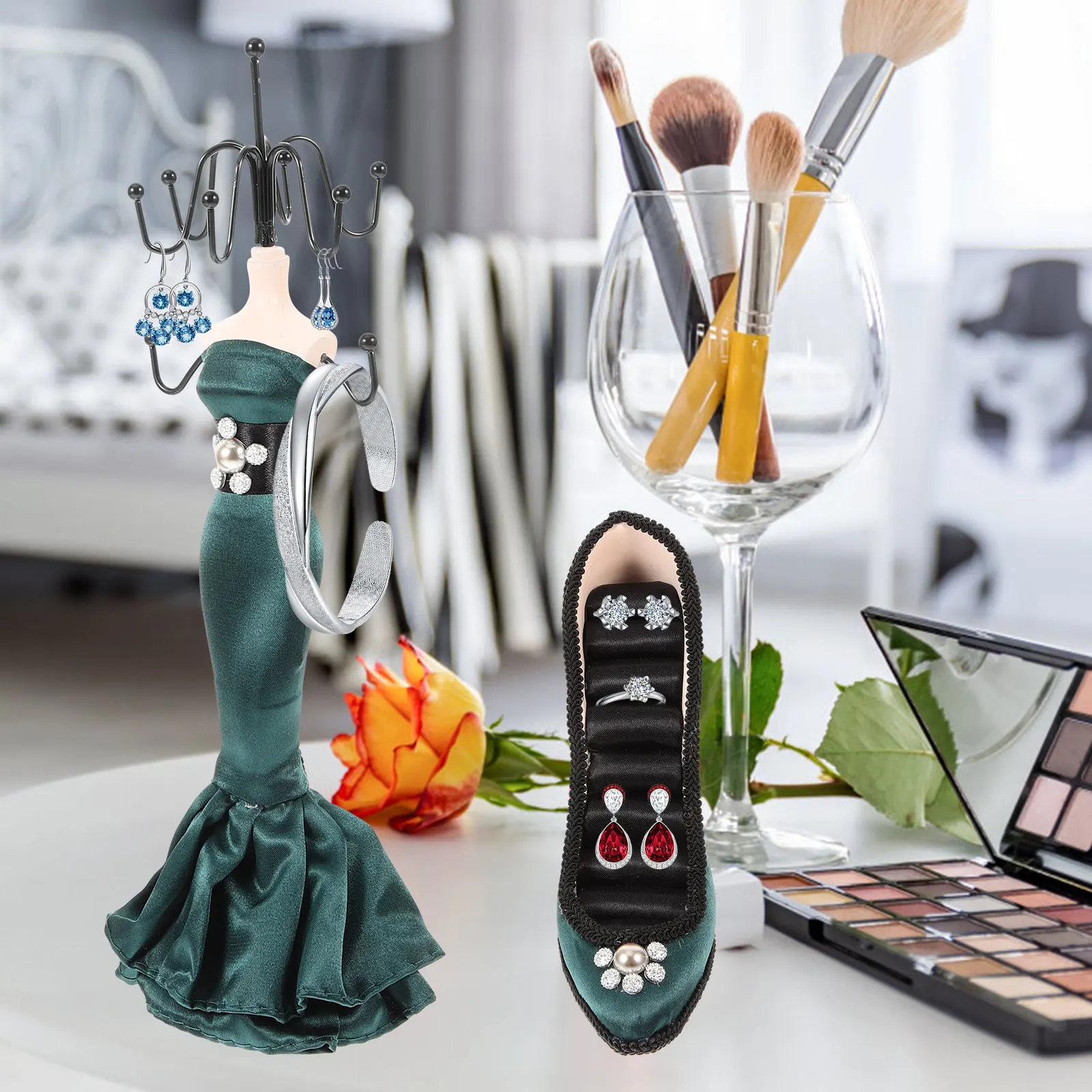 

2Pcs Jewelry Rack Necklace Organizer Rings Display Holder High-Heel Shoe Stand Tangle-Free Accessible Storage Gift